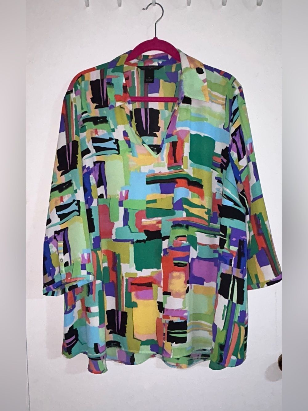 Investments 2X Multicolor Abstract V-Neck Tunic Geometric Design 3/4 Sleeve GUC